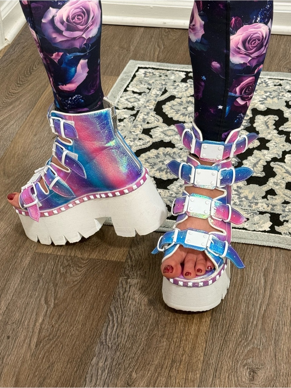 Demonia Ashes-70 Purple Multi Iridescent Open Toe Bootie Platform Sandals Size 9